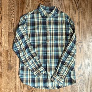 Grayers L/S lightweight flannel, teal, gold, black plaid, size Small